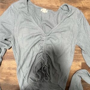 Garage Light Blue Ribbed front scrunch Knit Top